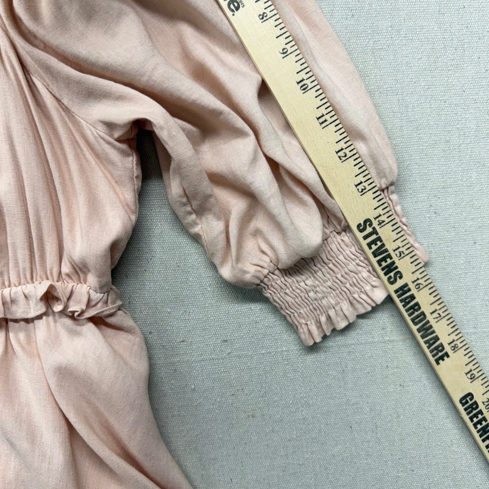 Pink Linen Blend Puff Sleeve Mini Dress OpenBack L Cottagecore Coquette Babydoll - Picture 11 of 13